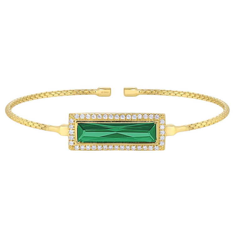 Gold finish sterling silver cable cuff bracelet with rectangular simulated emerald stone and simulated diamonds