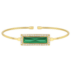 Gold finish sterling silver cable cuff bracelet with rectangular simulated emerald stone and simulated diamonds