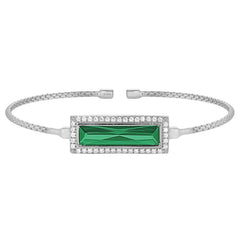 Rhodium finish sterling silver cable cuff bracelet with rectangular simulated emerald stone and simulated diamonds