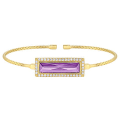 Gold finish sterling silver cable cuff bracelet with rectangular simulated light amethyst stone and simulated diamonds