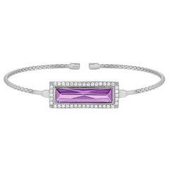Rhodium finish sterling silver cable cuff bracelet with rectangular simulated light amethyst stone and simulated diamonds