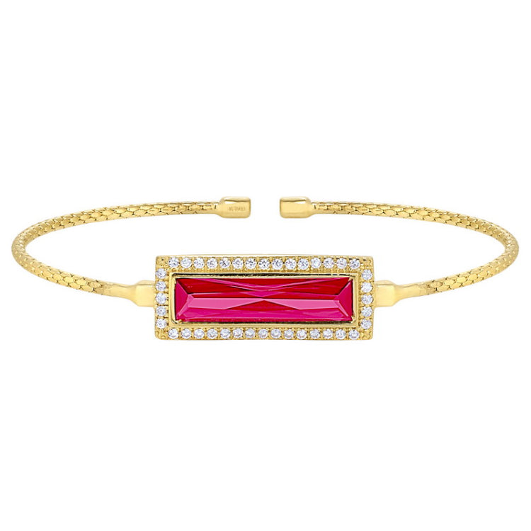 Gold finish sterling silver cable cuff bracelet with rectangular simulated ruby stone and simulated diamonds