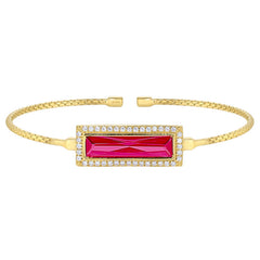 Gold finish sterling silver cable cuff bracelet with rectangular simulated ruby stone and simulated diamonds