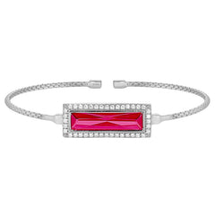 Rhodium finish sterling silver cable cuff bracelet with rectangular simulated ruby stone and simulated diamonds