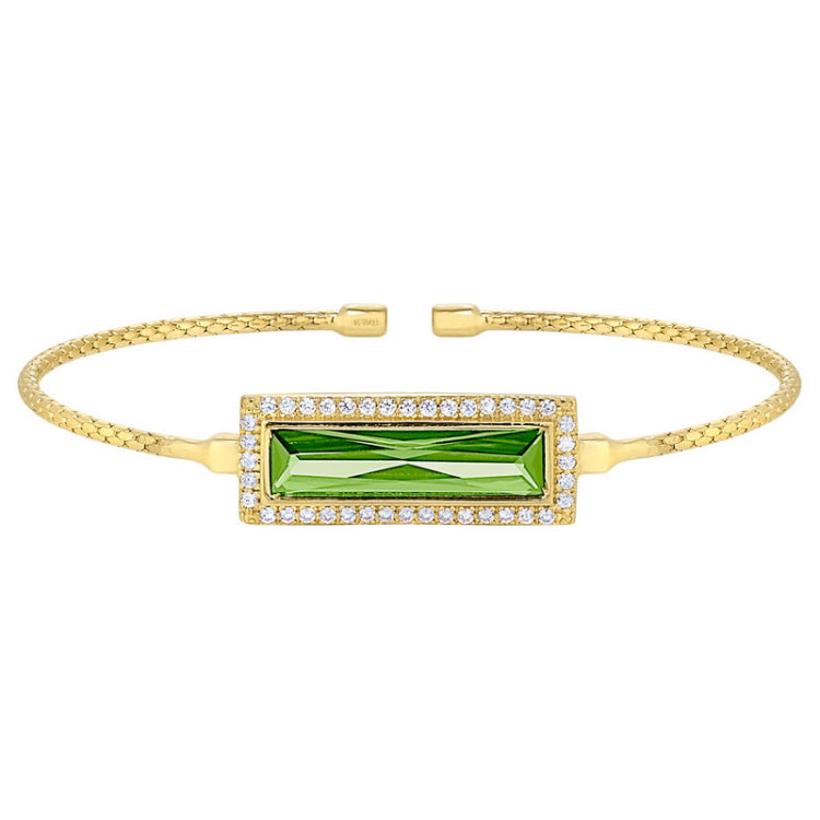 Gold finish sterling silver cable cuff bracelet with rectangular simulated peridot stone and simulated diamonds