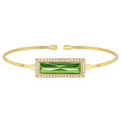 Gold finish sterling silver cable cuff bracelet with rectangular simulated peridot stone and simulated diamonds