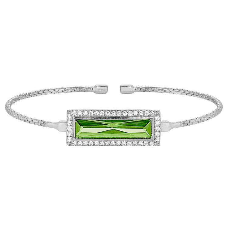 Rhodium finish sterling silver cable cuff bracelet with rectangular simulated peridot stone and simulated diamonds