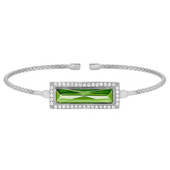 Rhodium finish sterling silver cable cuff bracelet with rectangular simulated peridot stone and simulated diamonds