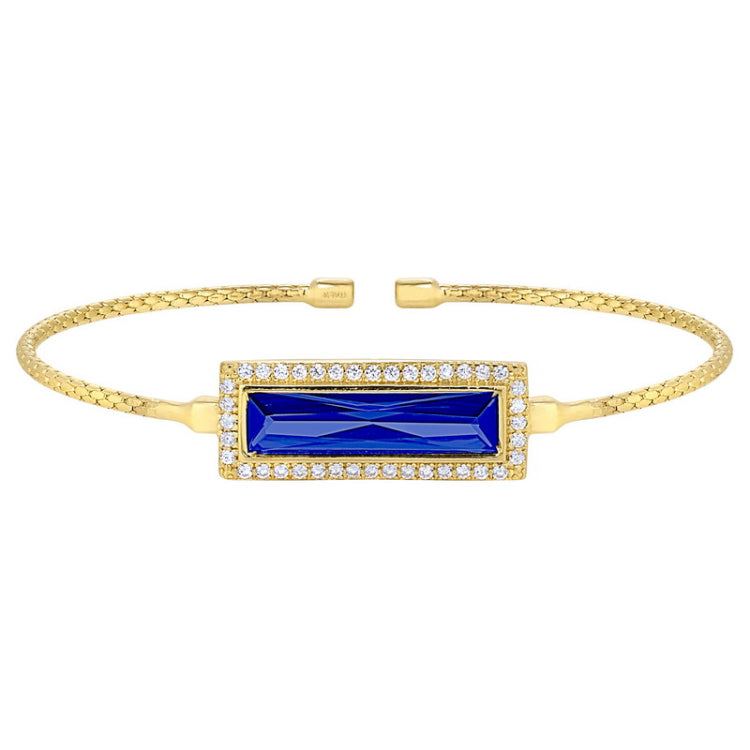 Gold finish sterling silver cable cuff bracelet with rectangular simulated sapphire stone and simulated diamonds