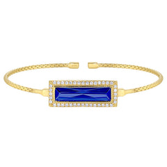 Gold finish sterling silver cable cuff bracelet with rectangular simulated sapphire stone and simulated diamonds