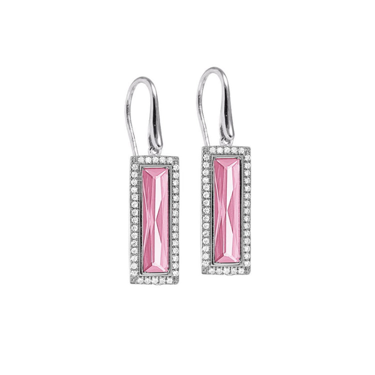 Rhodium Finish Sterling Silver Earrings with Rectangular Simulated Pink Sapphire Stones