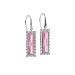 Rhodium Finish Sterling Silver Earrings with Rectangular Simulated Pink Sapphire Stones