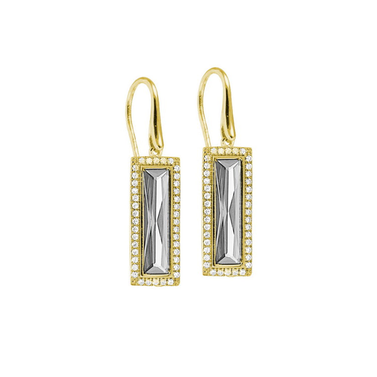 Gold Finish Sterling Silver Earrings with Rectangular Simulated Diamond Stones