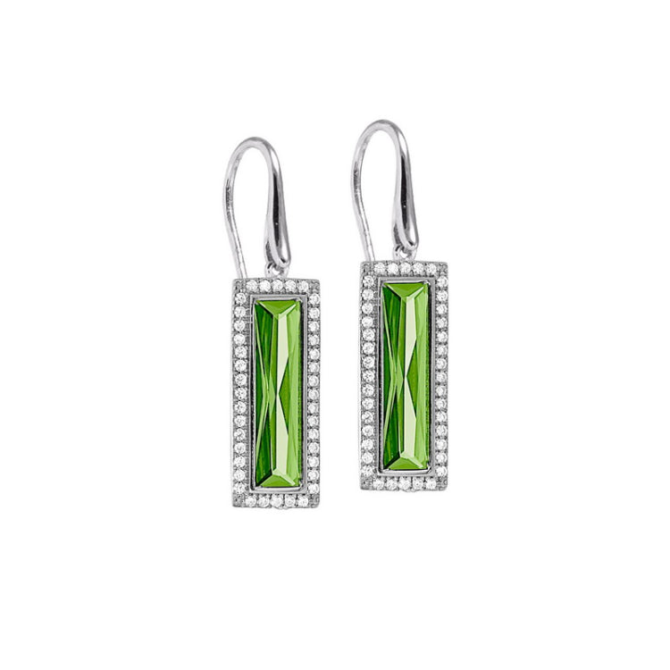 Rhodium Finish Sterling Silver Earrings with Rectangular Simulated Peridot Stones
