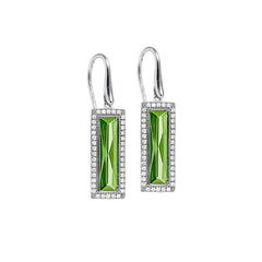 Rhodium Finish Sterling Silver Earrings with Rectangular Simulated Peridot Stones
