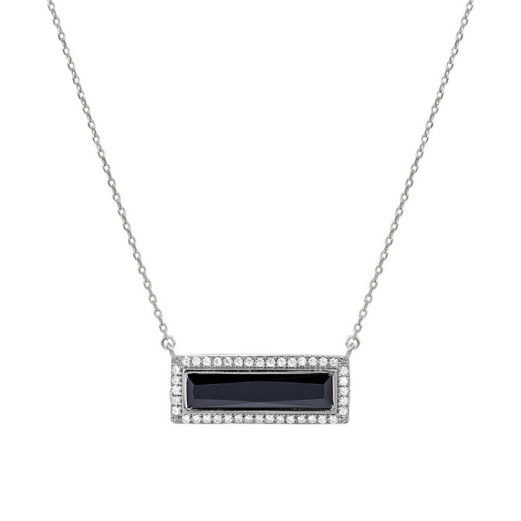 Rhodium Finish Sterling Silver Necklace with Rectangular Simulated Onyx Stone on 16" - 18" Chain