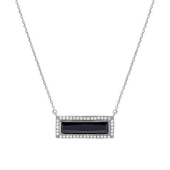 Rhodium Finish Sterling Silver Necklace with Rectangular Simulated Onyx Stone on 16" - 18" Chain
