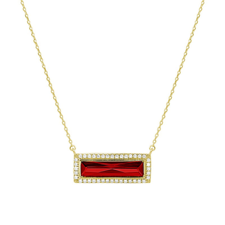 Gold finish sterling silver necklace with rectangular simulated garnet stone and simulated diamonds on 16 - 18 chain