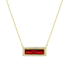 Gold finish sterling silver necklace with rectangular simulated garnet stone and simulated diamonds on 16 - 18 chain
