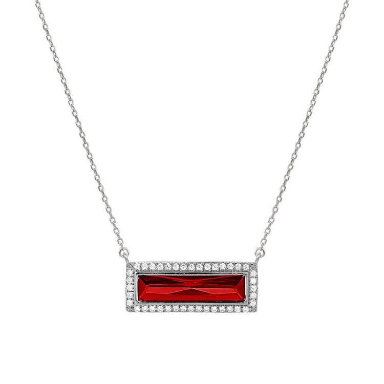Rhodium finish sterling silver necklace with rectangular simulated garnet stone and simulated diamonds on 16 - 18 chain