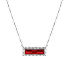 Rhodium finish sterling silver necklace with rectangular simulated garnet stone and simulated diamonds on 16 - 18 chain