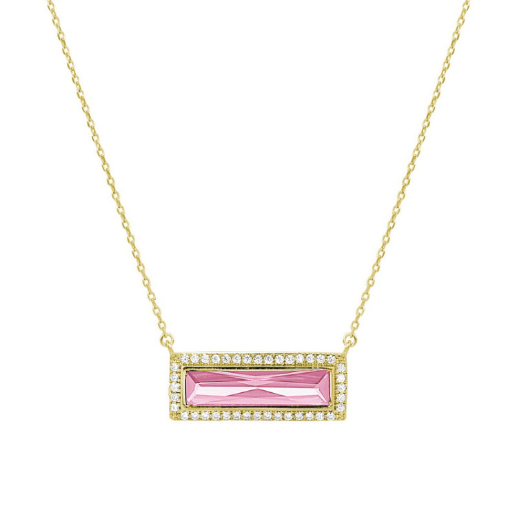 Gold finish sterling silver necklace with rectangular simulated pink sapphire stone and simulated diamonds on 16 - 18 chain