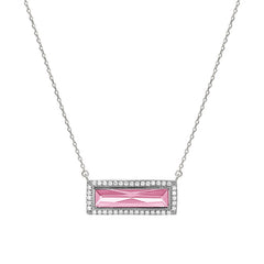 Rhodium finish sterling silver necklace with rectangular simulated pink sapphire stone and simulated diamonds on 16 - 18 cha