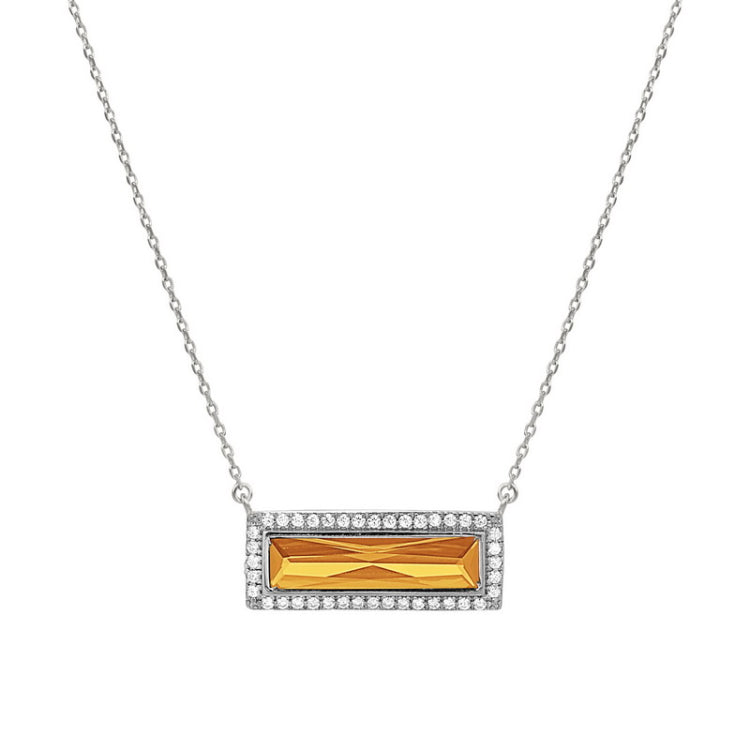 Rhodium finish sterling silver necklace with rectangular simulated citrine stone and simulated diamonds on 16 - 18 chain