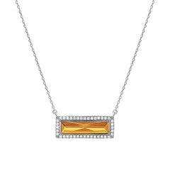 Rhodium finish sterling silver necklace with rectangular simulated citrine stone and simulated diamonds on 16 - 18 chain