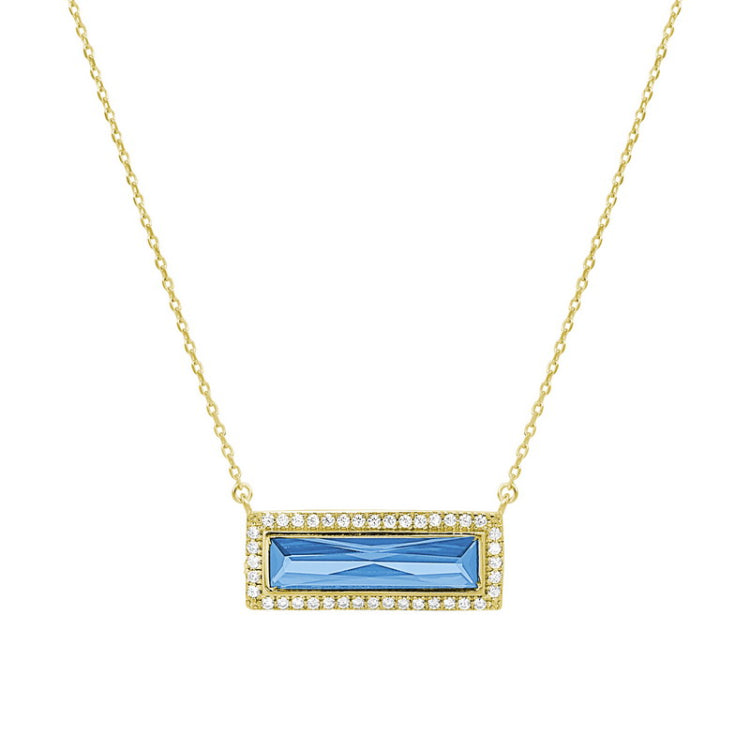 Gold finish sterling silver necklace with rectangular simulated blue topaz stone and simulated diamonds on 16 - 18 chain