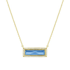 Gold finish sterling silver necklace with rectangular simulated blue topaz stone and simulated diamonds on 16 - 18 chain