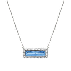 Rhodium finish sterling silver necklace with rectangular simulated blue topaz stone and simulated diamonds on 16 - 18 chain