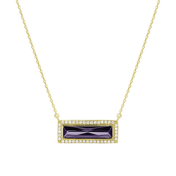 Gold finish sterling silver necklace with rectangular simulated amethyst stone and simulated diamonds on 16 - 18 chain