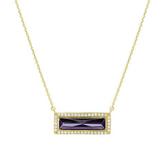 Gold finish sterling silver necklace with rectangular simulated amethyst stone and simulated diamonds on 16 - 18 chain