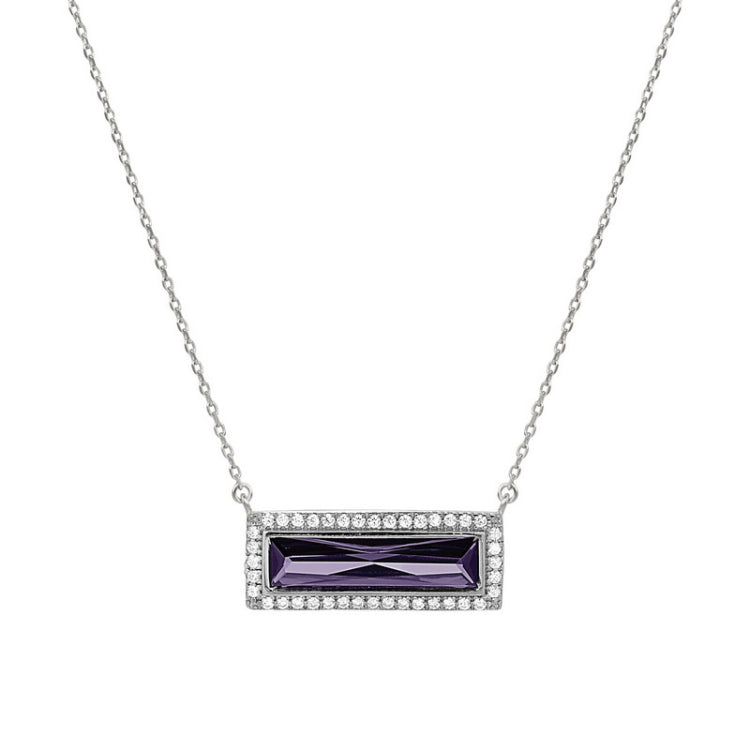 Rhodium finish sterling silver necklace with rectangular simulated amethyst stone and simulated diamonds on 16 - 18 chain