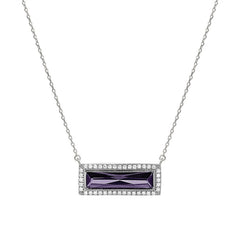 Rhodium finish sterling silver necklace with rectangular simulated amethyst stone and simulated diamonds on 16 - 18 chain