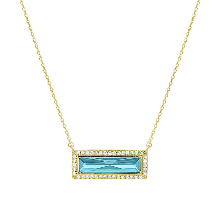 Gold finish sterling silver necklace with rectangular simulated aquamarine stone and simulated diamonds on 16 - 18 chain