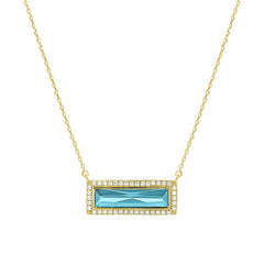 Gold finish sterling silver necklace with rectangular simulated aquamarine stone and simulated diamonds on 16 - 18 chain
