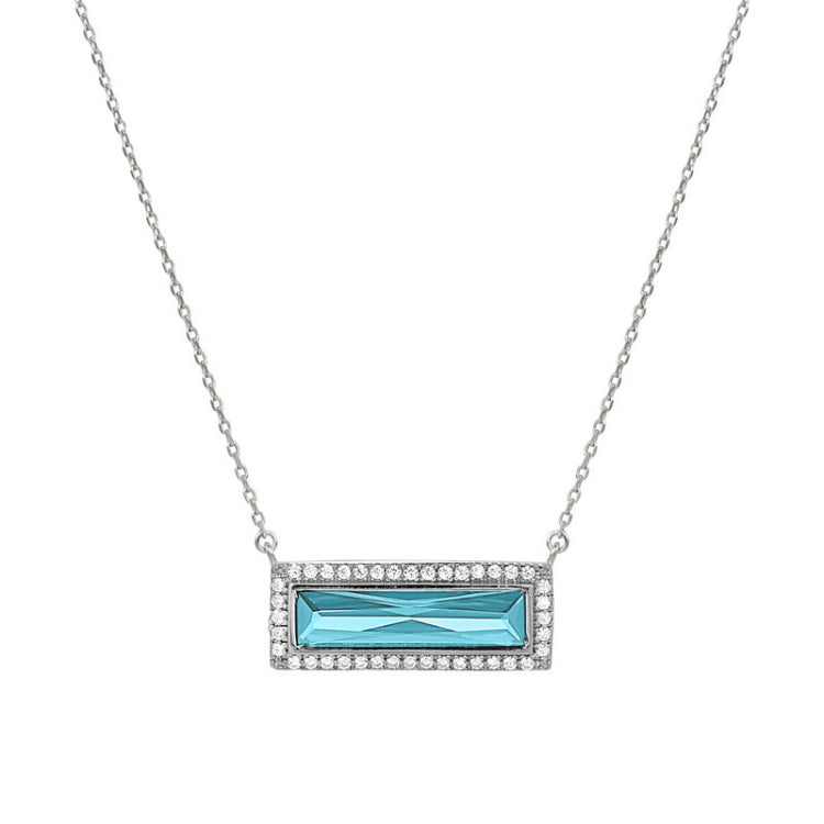 Rhodium finish sterling silver necklace with rectangular simulated aquamarine stone and simulated diamonds on 16 - 18 chain