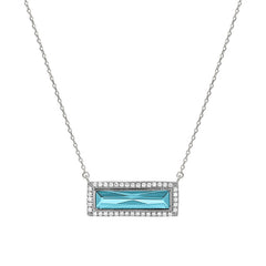 Rhodium finish sterling silver necklace with rectangular simulated aquamarine stone and simulated diamonds on 16 - 18 chain