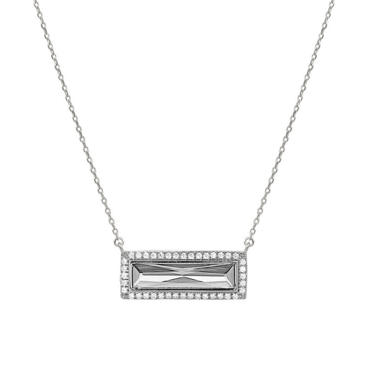 Rhodium finish sterling silver necklace with rectangular simulated diamond stone and simulated diamonds on 16 - 18 chain