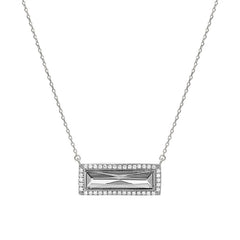 Rhodium finish sterling silver necklace with rectangular simulated diamond stone and simulated diamonds on 16 - 18 chain