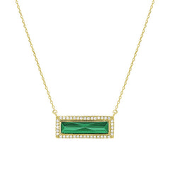 Gold finish sterling silver necklace with rectangular simulated emerald stone and simulated diamonds on 16 - 18 chain