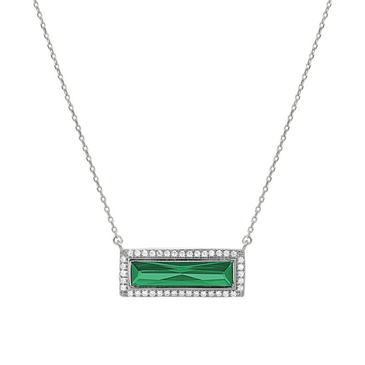 Rhodium finish sterling silver necklace with rectangular simulated emerald stone and simulated diamonds on 16 - 18 chain
