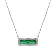Rhodium finish sterling silver necklace with rectangular simulated emerald stone and simulated diamonds on 16 - 18 chain