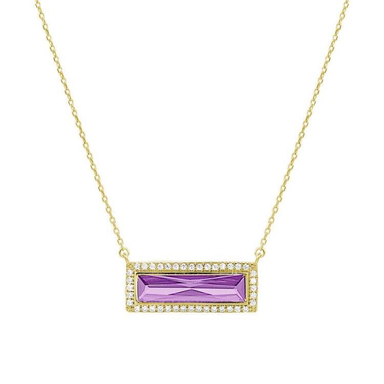 Gold finish sterling silver necklace with rectangular simulated light amethyst stone and simulated diamonds on 16 - 18 chain