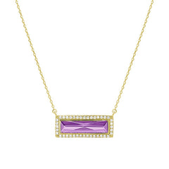 Gold finish sterling silver necklace with rectangular simulated light amethyst stone and simulated diamonds on 16 - 18 chain