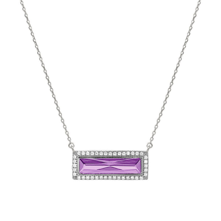 Rhodium finish sterling silver necklace with rectangular simulated light amethyst stone and simulated diamonds on 16 - 18 ch