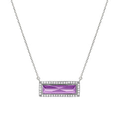 Rhodium finish sterling silver necklace with rectangular simulated light amethyst stone and simulated diamonds on 16 - 18 ch