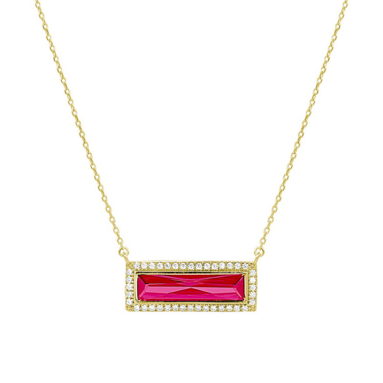 Gold finish sterling silver necklace with rectangular simulated ruby stone and simulated diamonds on 16 - 18 chain